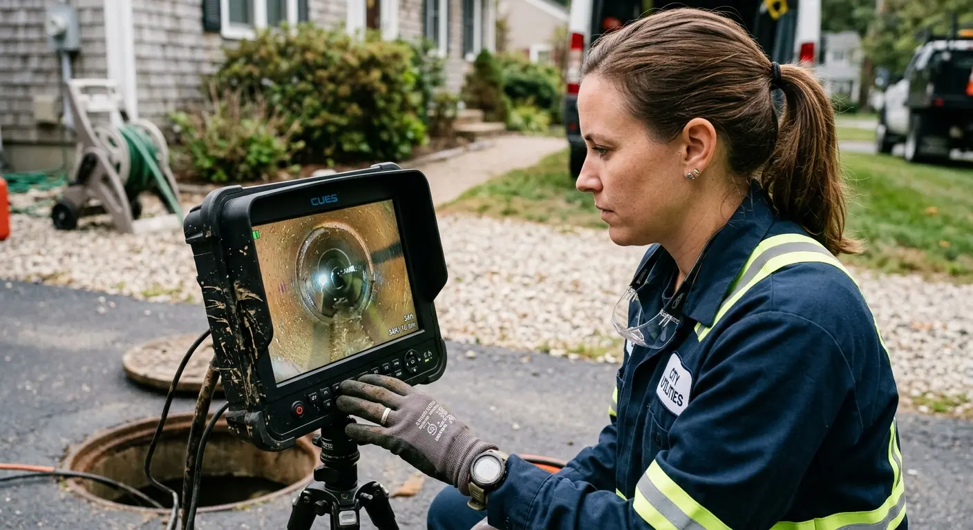Technician reviewing sewer camera inspection footage in Blendon