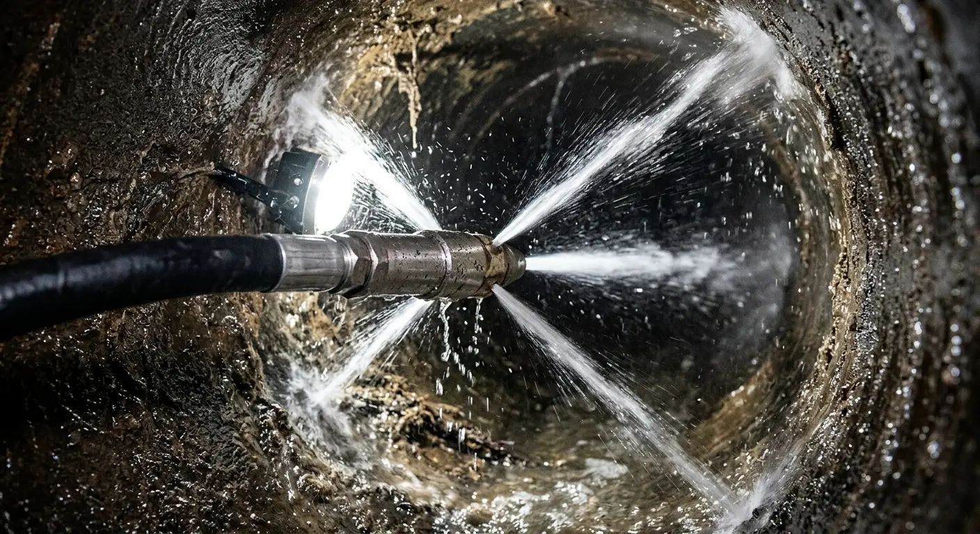 High-pressure hydro jetting nozzle cleaning sewer pipe for Emergency Drain Service in Blendon