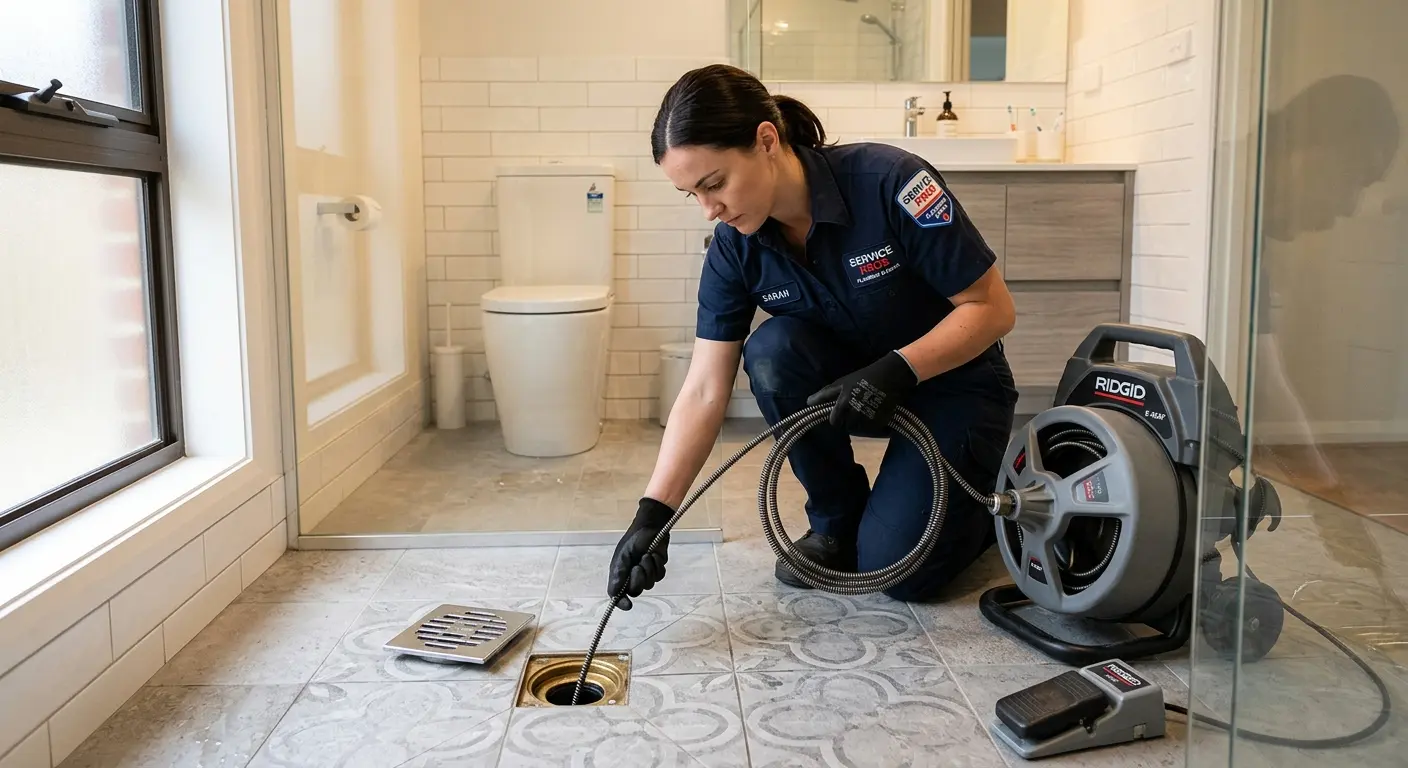 Technician clearing a bathroom floor drain for Drain Cleaning in Blendon